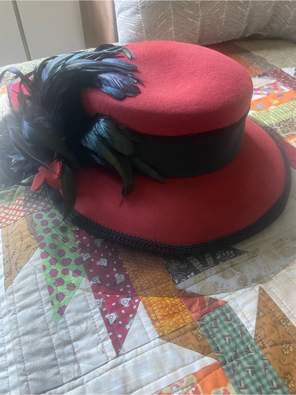 Vintage Elegant Red Wool Feather Trim Hat